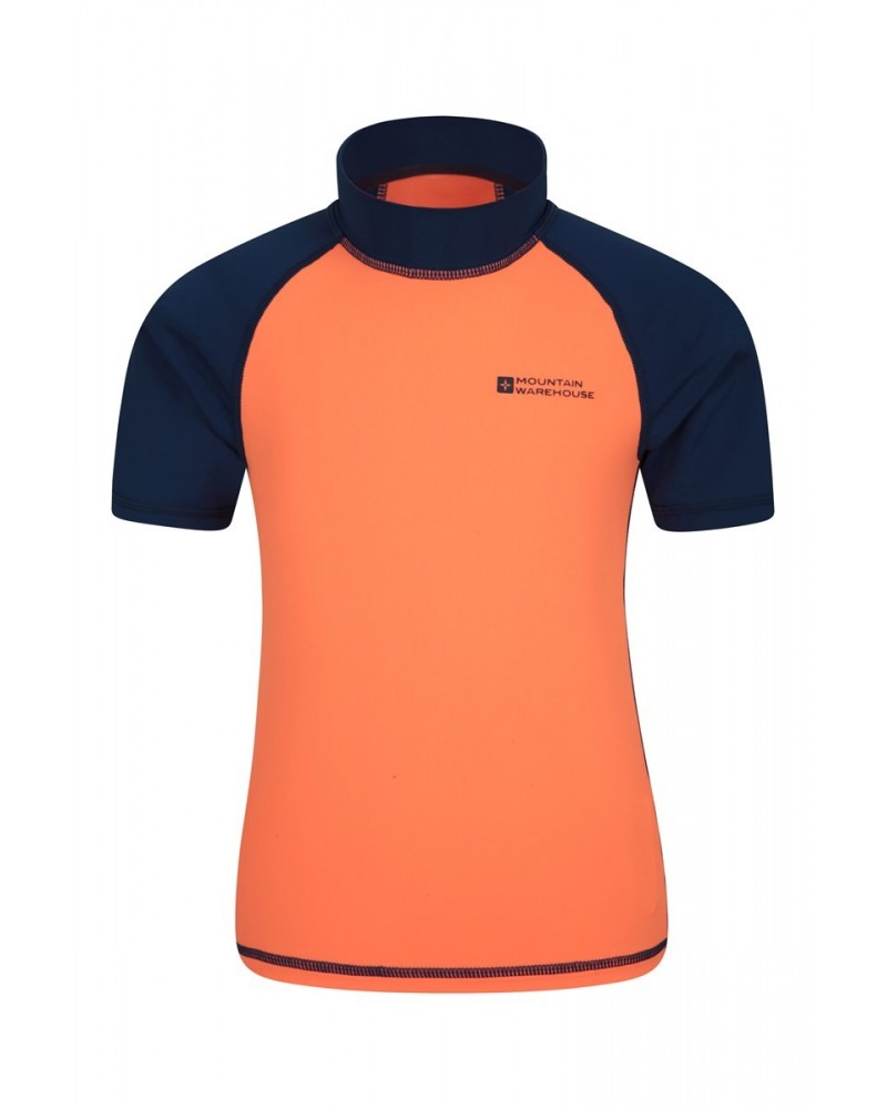 Short Sleeved Kids Rash Guard Bright Orange $16.79 Tops