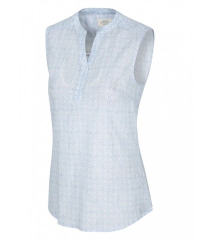 Petra Womens Printed Sleeveless Shirt Blue $13.74 Tops