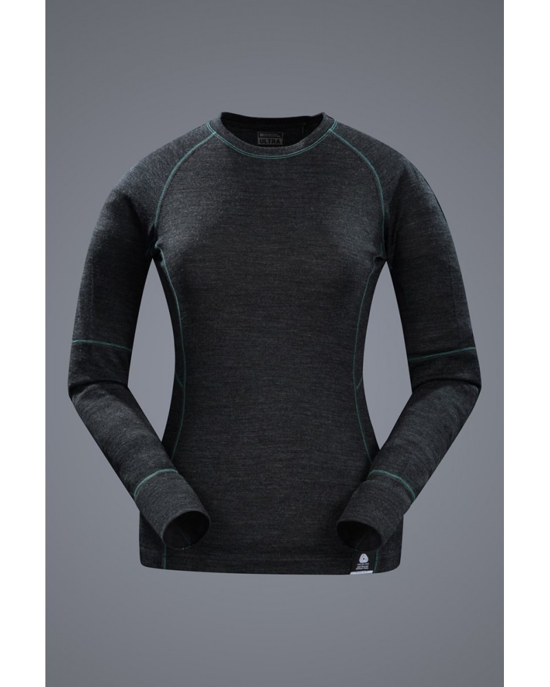 Ultra Womens Merino Round Neck Top Black $20.70 Thermals