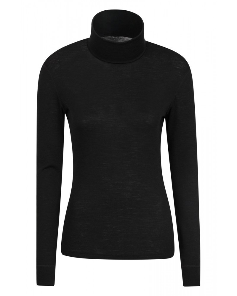 Womens Merino Roll Neck Top Black $18.40 Thermals