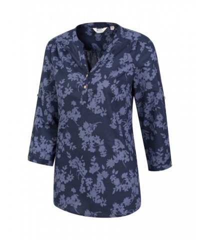 Petra Printed Womens 3/4 Sleeve Shirt Navy $14.52 Tops