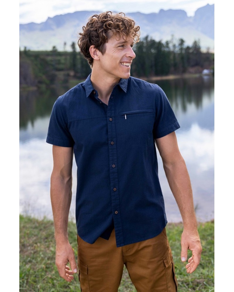 Coconut Slub Texture Mens Short-Sleeved Shirt Dark Blue $15.89 Tops