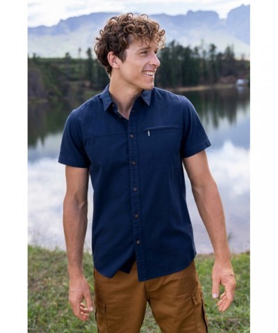 Coconut Slub Texture Mens Short-Sleeved Shirt Dark Blue $15.89 Tops