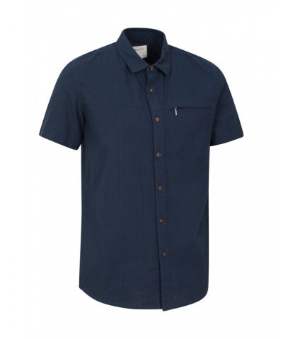 Coconut Slub Texture Mens Short-Sleeved Shirt Dark Blue $15.89 Tops