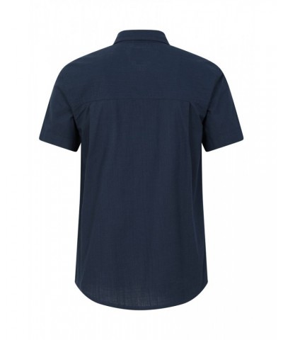 Coconut Slub Texture Mens Short-Sleeved Shirt Dark Blue $15.89 Tops